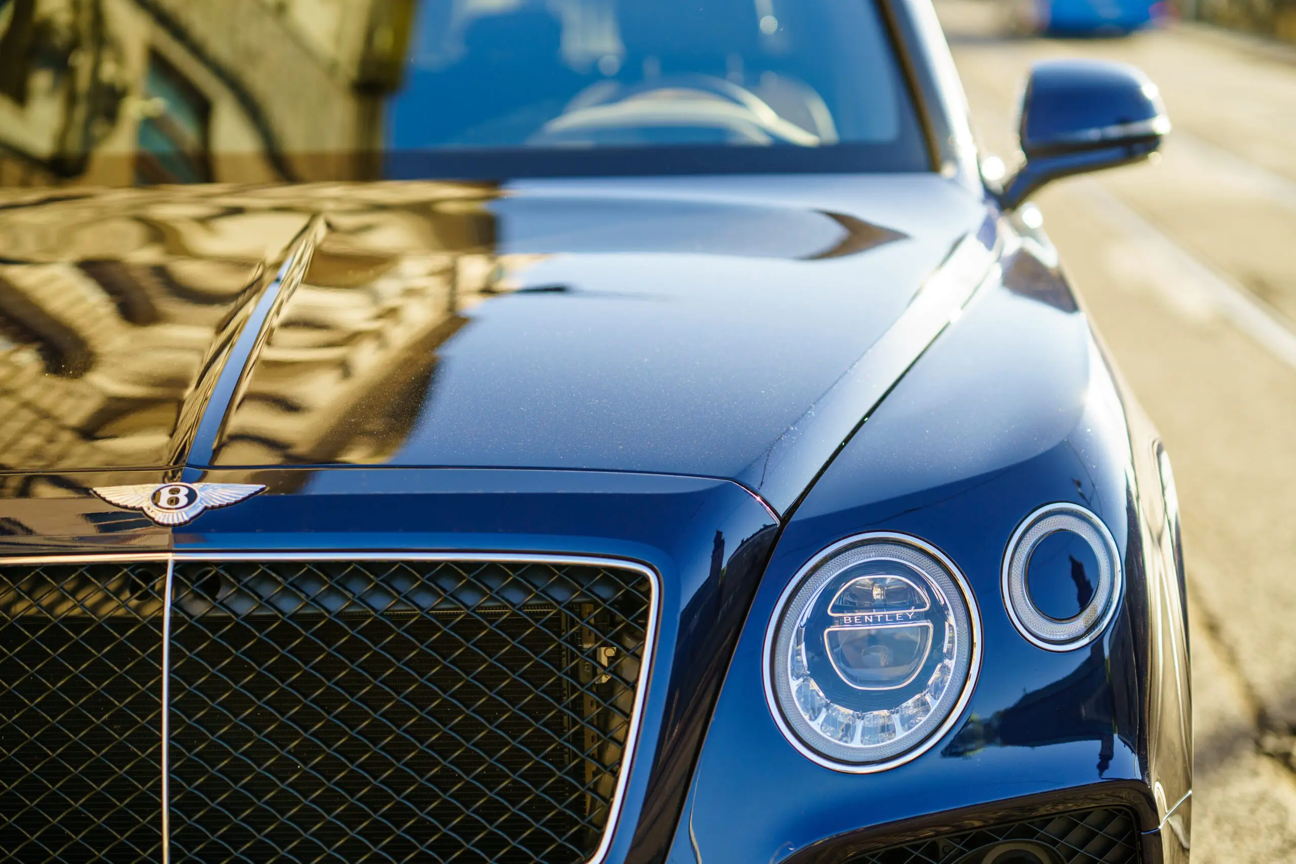 Front corner view of Bentley Bentayga parked in Central of city of Göteborg Gothenburg, Sweden - May 16, 2019: Front corner view of Bentley Bentayga parked in Central of city of Göteborg